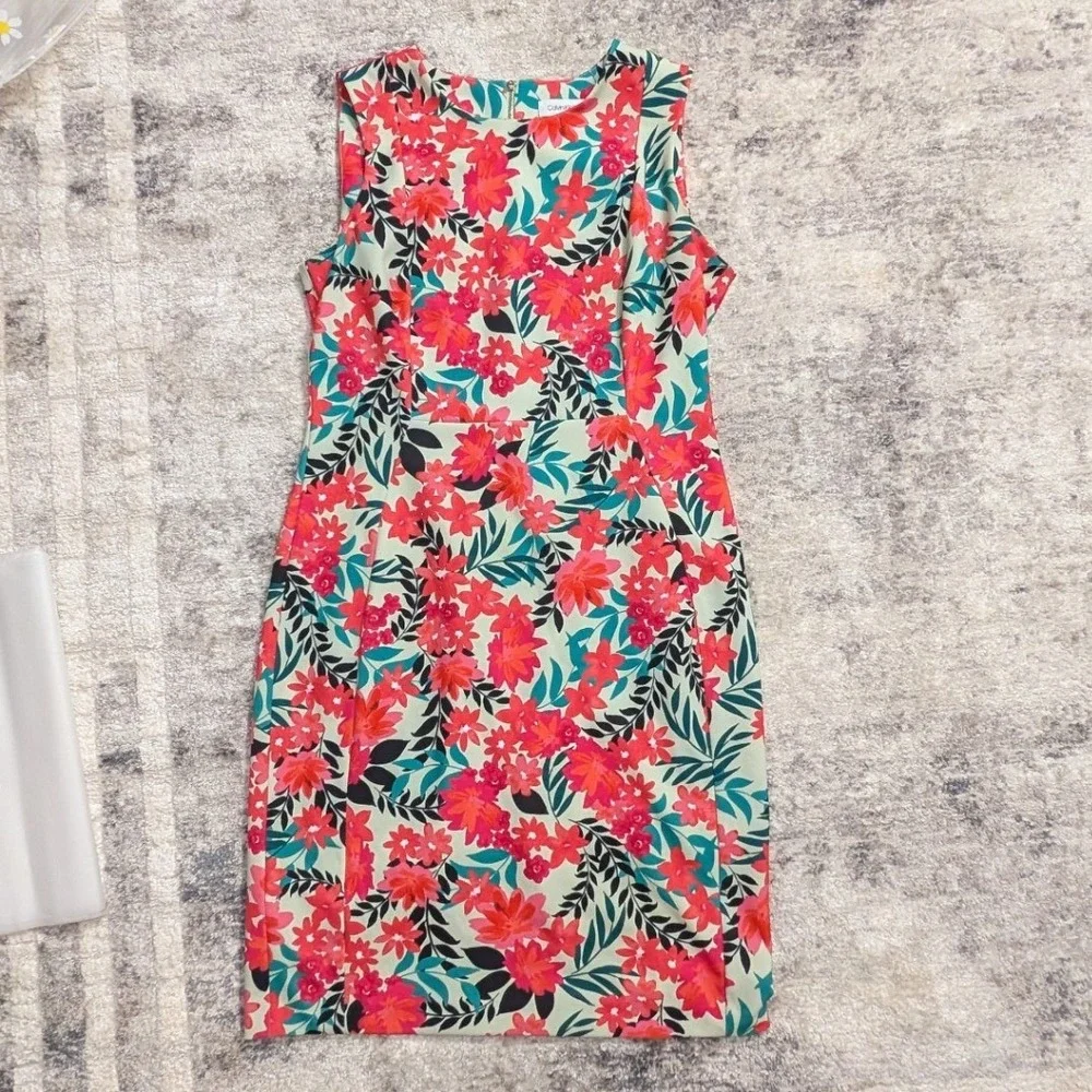 Calvin Klein Floral Sleeveless Sheath Dress Pink Teal Mint Gold Zip Size 12